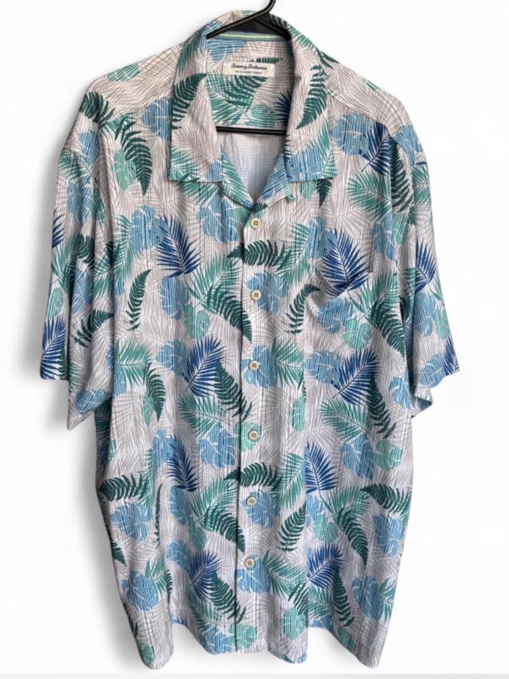 Tommy Bahama Blue, Green & White Leaf-Print Short Sleeve Camp Shirt